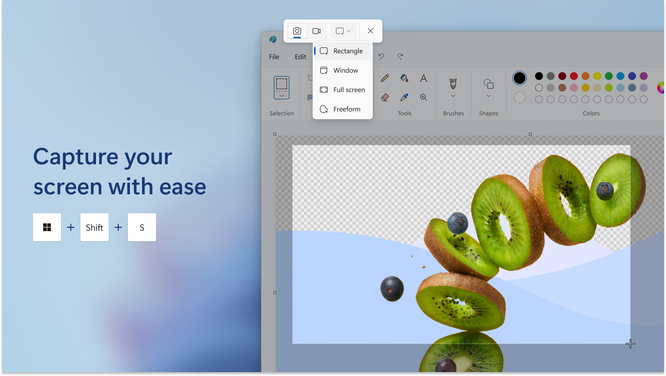 Full Snipping Tool capture interface with mode toolbar over a desktop preview