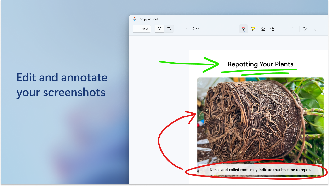 Snipping Tool annotation tools editing a captured screenshot with colored ink