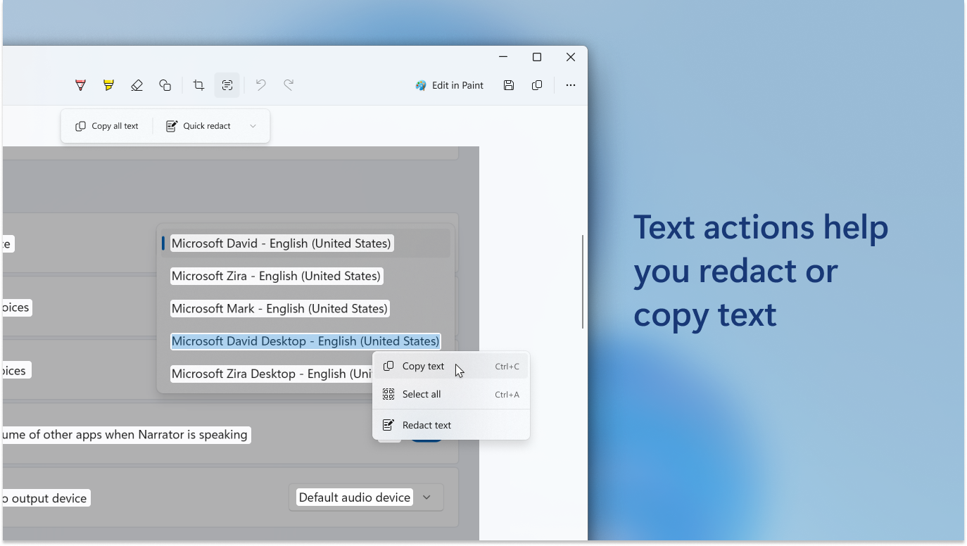Snipping Tool Text actions panel for copy-all and Quick redact on extracted text