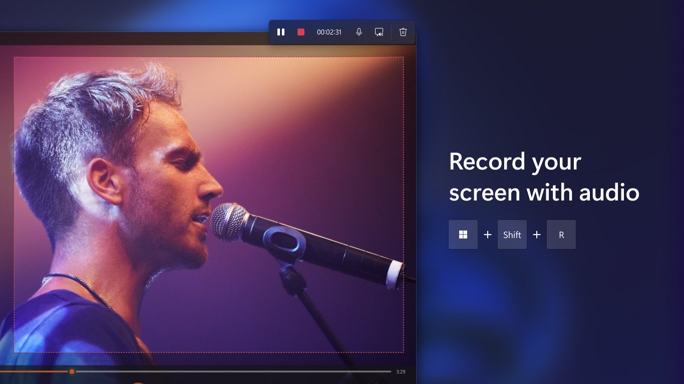 Snipping Tool screen recording controls with audio options visible in the capture UI