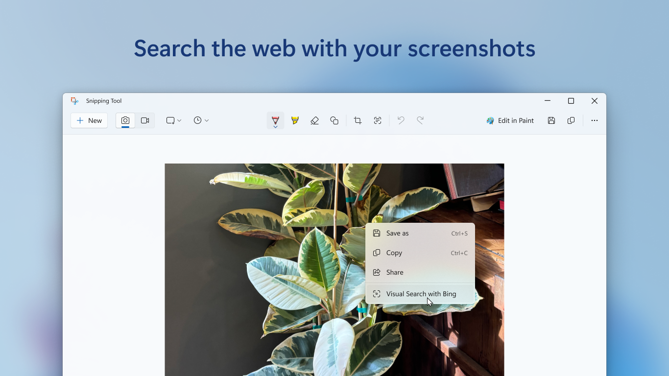 Snipping Tool Visual Search context menu option on a captured image